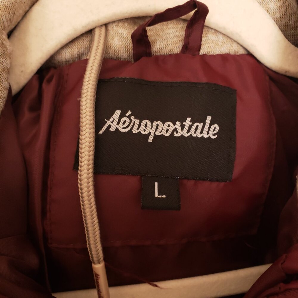 Aeropostale Beige Maroon Hoodie Varsity Bomber Quilted Zipper Jacket Size Large - Picture 2 of 16